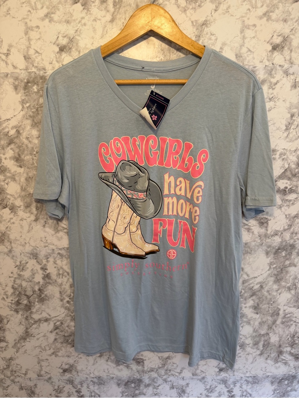 Simply Southern Light Blue 'Cowgirls Have More Fun' V-Neck Tee